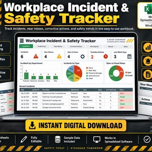 May include: A digital Workplace Incident & Safety Tracker displayed on a laptop screen, featuring a dashboard with charts, incident logs, and safety metrics. The interface includes tabs for incident tracking, near misses, and corrective actions.