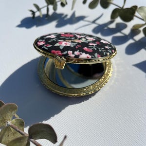 Vintage Black Compact Mirror Floral, Pink Heart Shaped Cherries Foldable Mirror, Travel Size Accessories, Cute Gift for Her