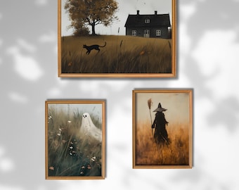Ensemble d'art mural vintage d'Halloween : fantômes et sorcières effrayants (téléchargement numérique)