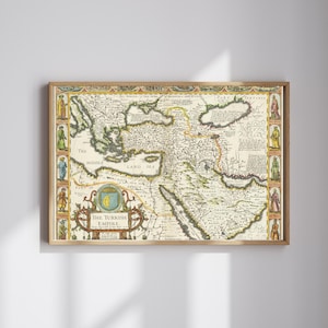 May include: A framed vintage map of the Turkish Empire, featuring detailed cartography with historical text and illustrations. The map is in shades of beige, brown, and green, with decorative borders and the title "The Turkish Empire".