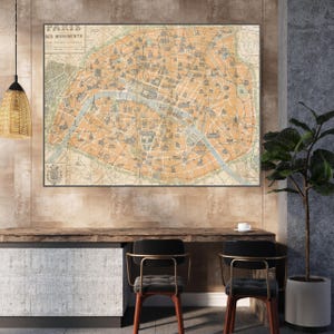 Mapa da cidade de Paris, arte de parede vintage de 1925 com locais históricos, decoração parisiense antiga, presente de viagem francês, impressão de mapa antigo para casa ou escritório