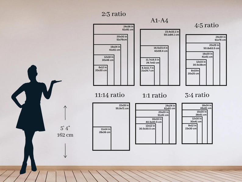 May include: A wall with various rectangular frame sizes and ratios, including 2:3, A1-A4, 4:5, 11:14, 1:1, and 3:4. A silhouette of a person stands to the left, with a height of 5'4" (162 cm) indicated.