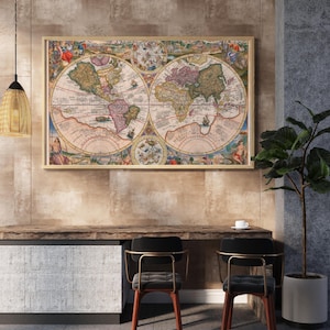 Mapa del mundo retro de Petrus Plancius, 1594, doble hemisferio, arte de pared vintage, decoración de globo antiguo