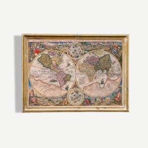 May include: A framed antique world map with detailed illustrations and a gold-coloured frame. The map displays continents, oceans, and decorative elements. The text at the top reads "SIVE TERRAEVA TYPVS DE INTEGRO MULTIS IN ORBE EMINENTI".