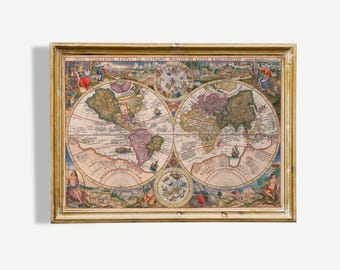 May include: A framed vintage world map with intricate details and vibrant colors. The map features continents, oceans, and illustrations, encased in a distressed gold frame. The text at the top reads "SIVE TERRAEVA TYPVS DE INTEGRO MULTIS IN ORBE EMINENTI".