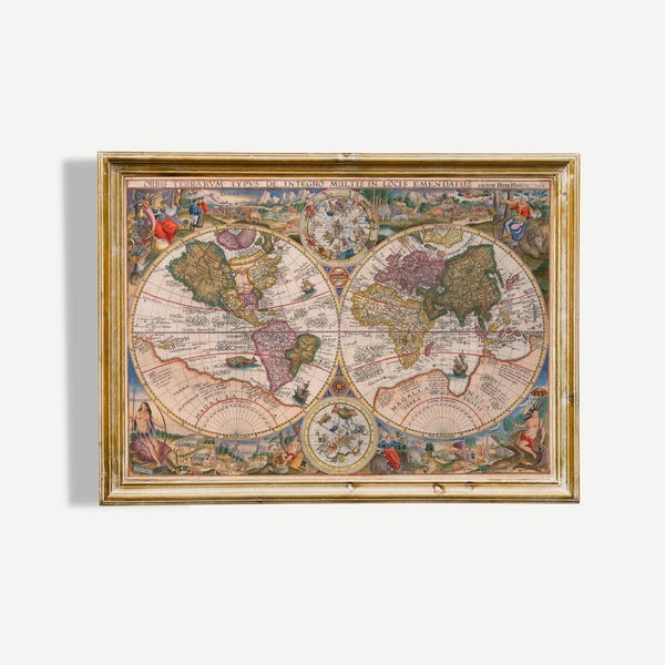 Retro World Map Petrus Plancius 1594 Double Hemisphere Vintage Wall Art Antique Globe Decor