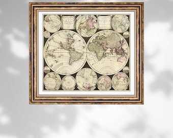 May include: Framed antique world map print. The map features detailed illustrations of continents and oceans in shades of beige, brown, and red. The map is encased in a gold-colored wooden frame, adding a classic touch to the artwork.