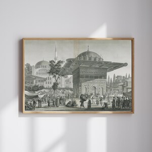 May include: A black and white engraving depicting a bustling marketplace in Istanbul, Turkey. The central structure is a domed building with intricate details, surrounded by vendors and people going about their daily lives.