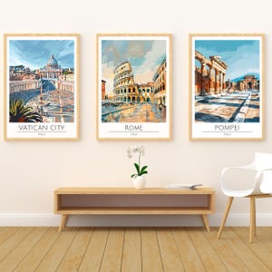 Pintura de acuarela de Roma, Pompeya y Ciudad del Vaticano, impresión artística, paisaje urbano italiano, decoración del hogar