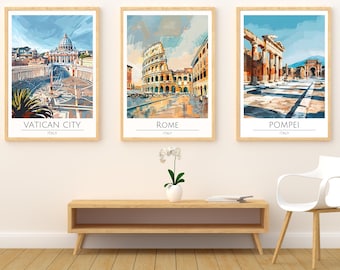 Aquarelle de Rome Impression d'art Pompéi et la Cité du Vatican Paysage urbain italien Décoration d'intérieur