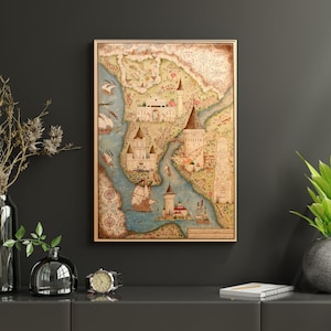 Historische kaart schiereiland Istanboel vintage stijl kunst aan de muur, decor antieke stad, cadeau Ottomaanse rijk, oude cartografie poster Istanbul