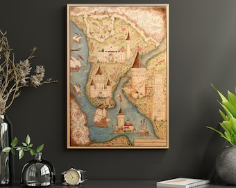 May include: A framed vintage map print with a gold-colored frame. The map depicts a detailed, antique-style illustration of a city with buildings, ships, and waterways. The color palette includes beige, blue, and green tones.