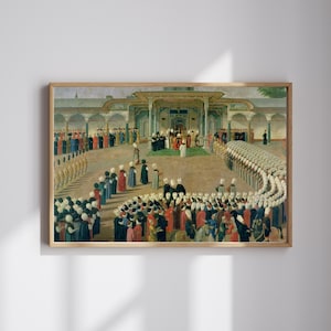 May include: A framed print of a historical painting showing a large gathering in an outdoor courtyard. Many figures in period attire are present, with a central structure and architectural details.