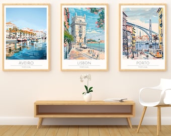 Portugal Städte Aquarell Bilder: Porto, Lissabon und Aveiro Kunstdrucke für Wohnkultur - Geschenke