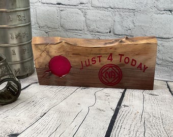 12 Step Recovery “Just For Today” Red Epoxy Wooden Medallion Holder for individual coins