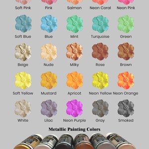 May include: Image showcasing a variety of flower-shaped objects in various colors, including soft pink, blue, and yellow. The image also displays metallic paint colors such as gold, pearl, and black. Text at the top reads "Primary Color Options" and "Metallic Painting Colors".