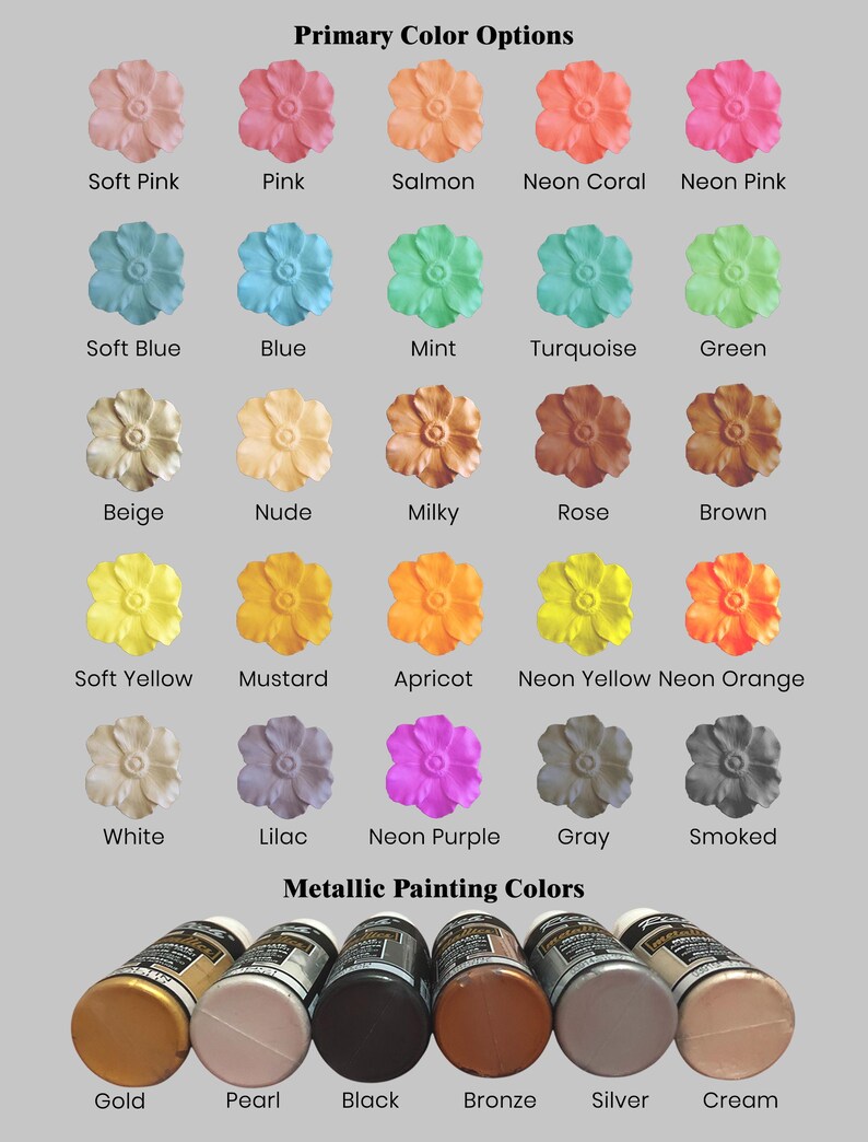 May include: Image showcasing a variety of flower-shaped objects in various colors, including soft pink, blue, and yellow. The image also displays metallic paint colors such as gold, pearl, and black. Text at the top reads "Primary Color Options" and "Metallic Painting Colors".
