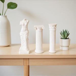 Conjunto de estatuas de Venus de Milo y columnas: decoración grecorromana antigua, escultura de hormigón, columna jónica corintia, pilar antiguo para decoración del hogar.