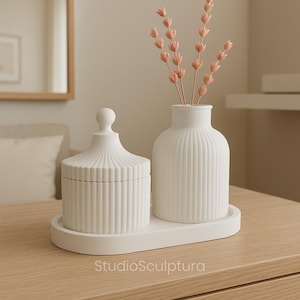Elegante juego de jarrón, tarro con tapa y bandeja / Decoración minimalista para el hogar / Regalo acogedor para el hogar / Decoración de hormigón hecha a mano / Maceta, plato y tarro