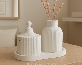 Elegant Vase, Lidded Jar & Tray Set | Minimal Home Decoration | Cozy House Gift | Handmade Concrete Decor | Flower Pot, Dish and Jar