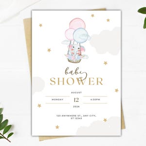 Invito digitale modificabile Baby Shower Elefantino con Palloncini – Template personalizzabile – Maschio Femmina