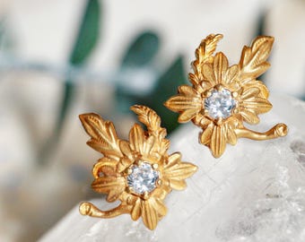 Brincos de pino de flor de pedra de nascimento personalizados, brincos de pino de flor de ouro, brincos florais delicados, brincos de pedra de nascimento de ouro 14k, pinos delicados