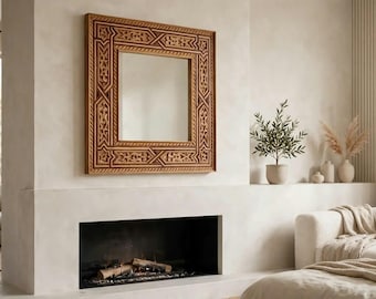 Espejo de casa de madera de cedro tallado a mano / Decoración de pared con arco pentagonal marroquí