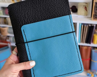 A5 Espresso & Bubblegum Blue IronbarkJournals Leather Cover Travelers Notebook Style Planner Cover with Pockets Hand-stitched Journal Cover