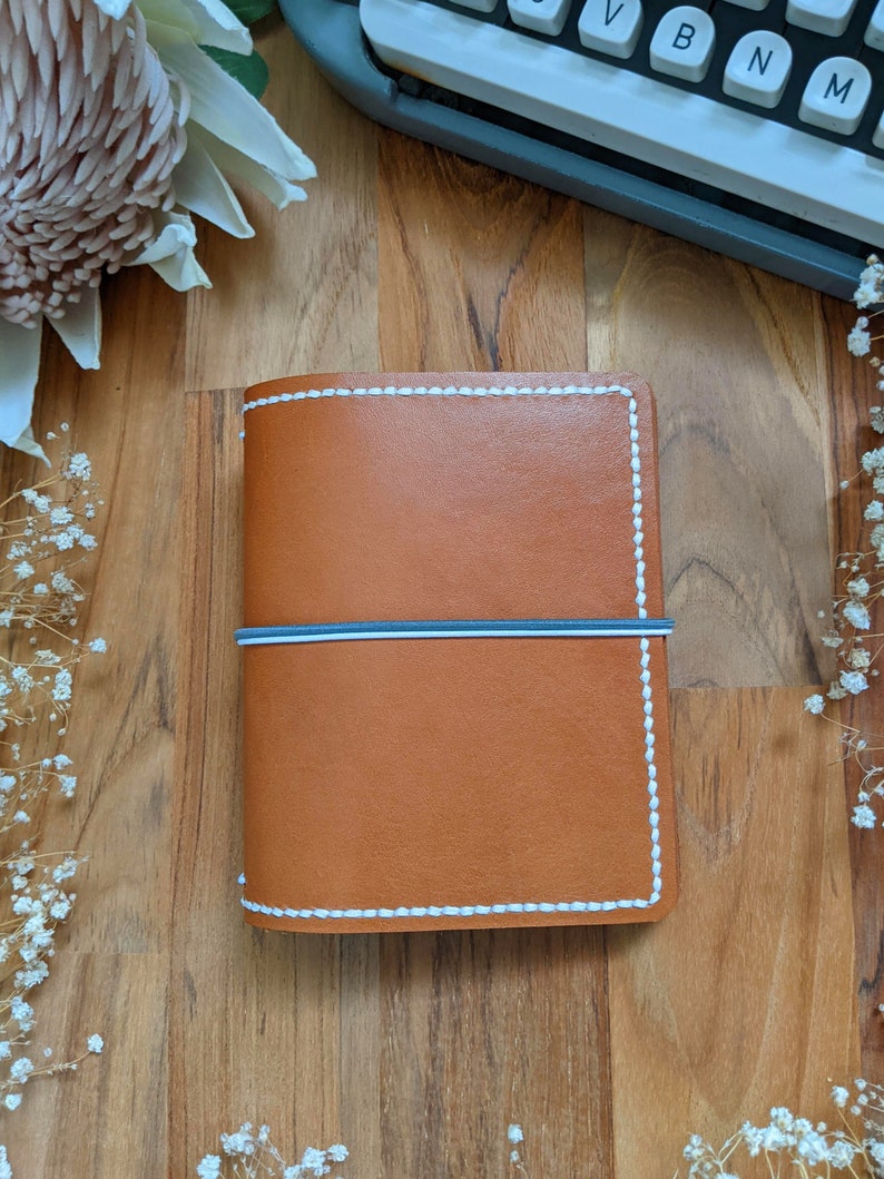 Passport Caramel with Blue Journal Leather Cover Travelers Notebook Style with Inside Pockets, Hand-stitched Ironbatjournals Journal Cover image 3