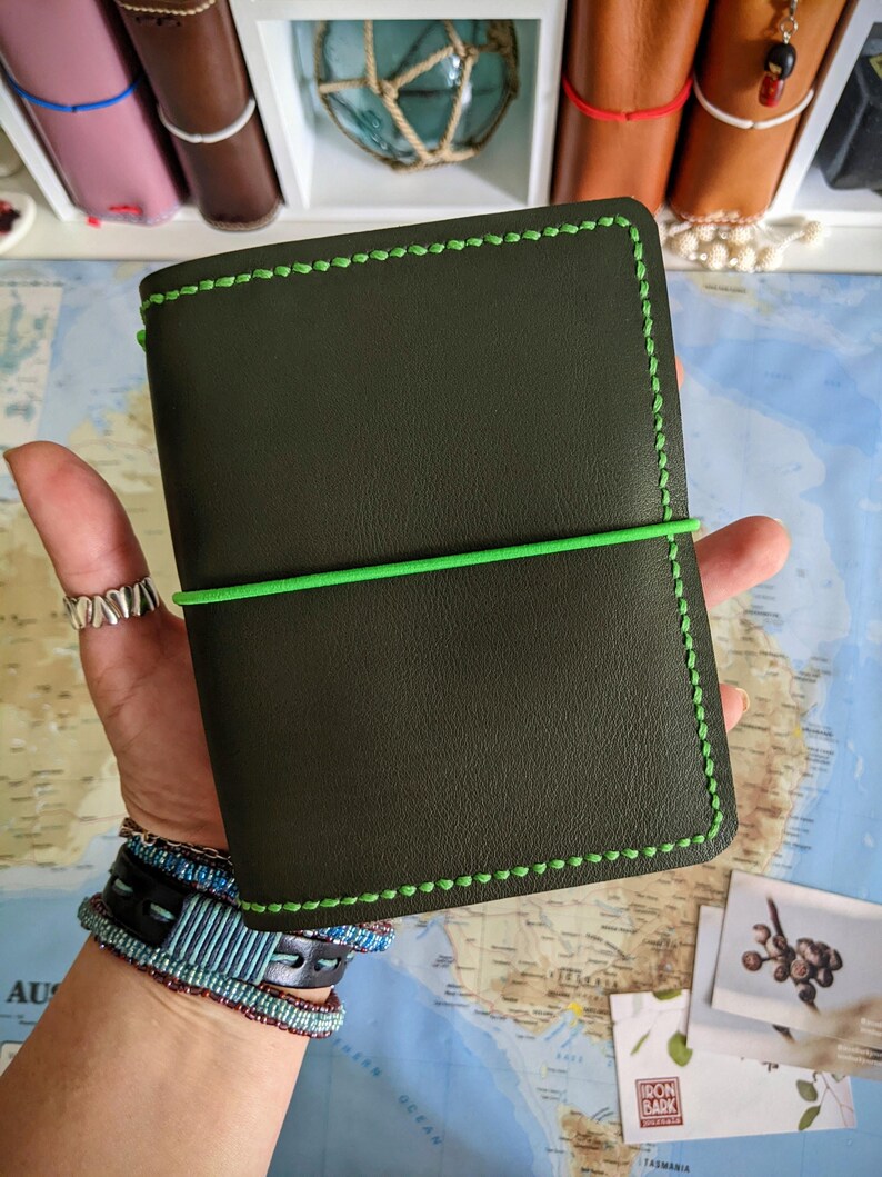 Passport Olive Ironbarkjournals Leather Cover Travelers Notebook Style with Inside Pockets, Handstitched Travelers Notebook Journal Cover image 1