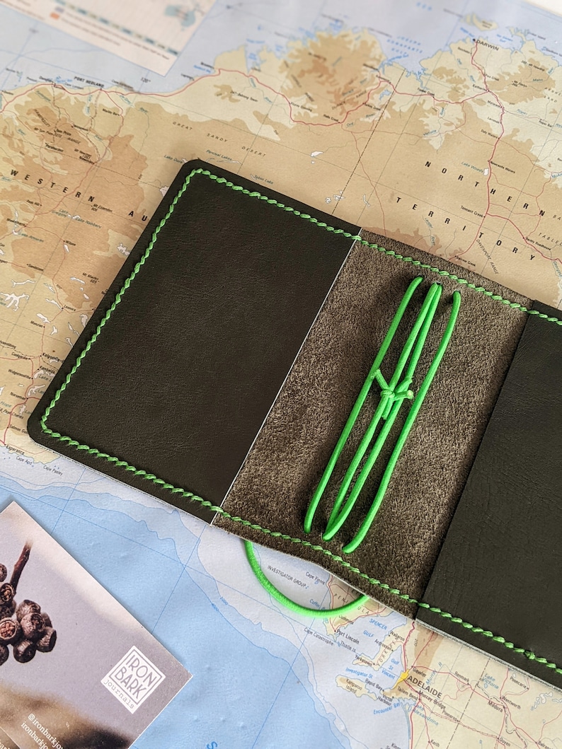 Passport Olive Ironbarkjournals Leather Cover Travelers Notebook Style with Inside Pockets, Handstitched Travelers Notebook Journal Cover image 2