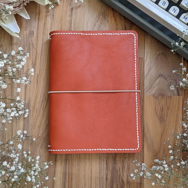 A5 Tangerine with Cream Leather Cover with Inside Pockets, Travelers Notebook Planner Handmade Hand-stitched Ironbark Journal