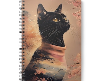 Op de afbeelding: Een zwarte kat met gele ogen draagt een roze trui, met een achtergrond van een Japans geïnspireerd landschap met kersenbloesems.