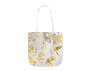 Floral Canvas Tote Bag: Elegant Shopper with Hummingbird