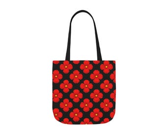 Red Floral Canvas Tote Bag: Vibrant Polyester Shopping Bag