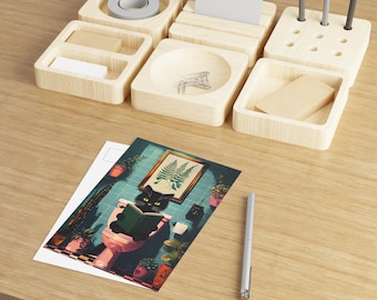 Whimsical Cat Art Postcards, Eco-Friendly Stationery