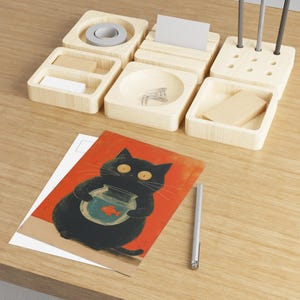 Cartes postales d'art chat avec poisson, art de chat mignon, cadeaux pour amoureux des animaux, décoration de style vintage, papeterie pour passionné de chat