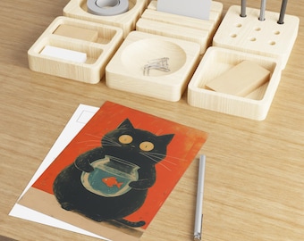 Cat with Fish Art Postcards: Vintage Style Stationery