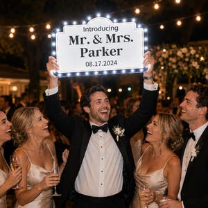 May include: A rectangular, white, illuminated marquee sign with a black border and small LED lights around the edge. The sign features the text "Introducing Mr. & Mrs. Parker" in black lettering, with the date "08.17.2024" printed below in black.