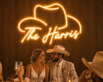 Personalized Western Wedding Neon Sign, Cowboy Hat LED Sign, Custom Last Name Sign for Country Wedding