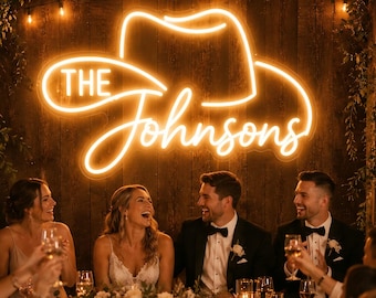 Custom Cowboy Neon Sign with Last Name, Country Wedding LED Wall Decor, Rustic Ranch Wedding Sign