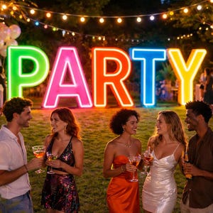 May include: A group of people at an outdoor party, illuminated by string lights and a large, colorful "PARTY" sign. The sign has a neon glow. People are holding drinks and socializing in a grassy area.