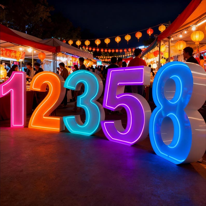 K&ouml;nnte beinhalten: Gro&szlig;e, beleuchtete Zahlen 1, 2, 3, 5 und 8 mit Neon-Umrissen in Pink, Orange, T&uuml;rkis, Lila und Blau. Die Zahlen werden auf einem n&auml;chtlichen Markt im Freien mit Menschen, St&auml;nden und h&auml;ngenden Laternen angezeigt.