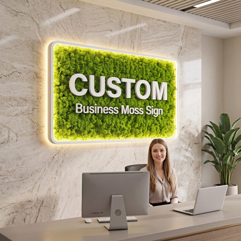 Custom Moss Logo Sign | Real Moss Wall Art | Office Decor | Optional LED Backlit image 5