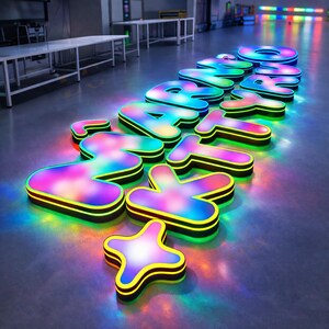 May include: Illuminated sign spelling out the word "START NOW" in large, colorful, 3D letters. Each letter has a vibrant, rainbow-like gradient with a black and yellow outline. The sign is placed on a reflective surface.