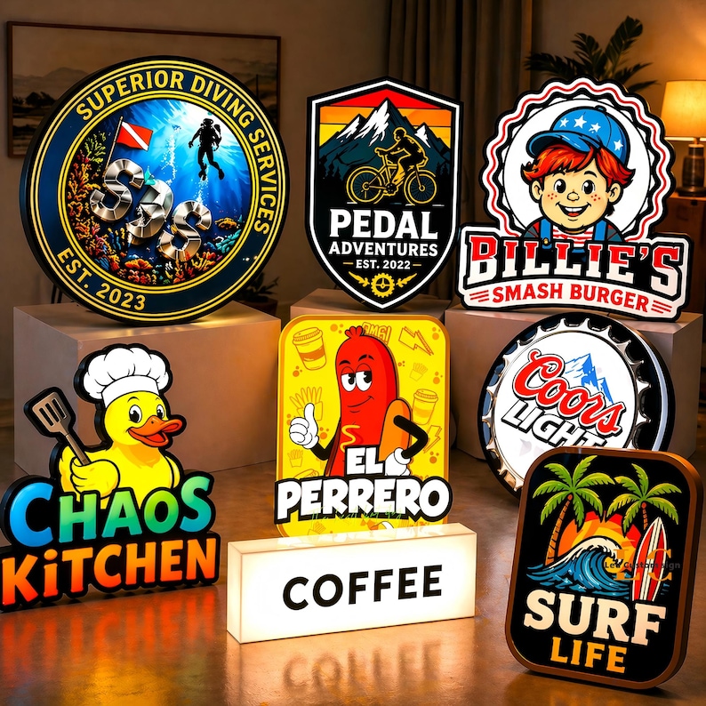 May include: A collection of eight illuminated signs featuring various designs including Superior Diving Services, Pedal Adventures, Billie's Smash Burger, Chaos Kitchen with a duck, El Perrero with a hot dog, Coors Light, a Coffee box, and Surf Life.
