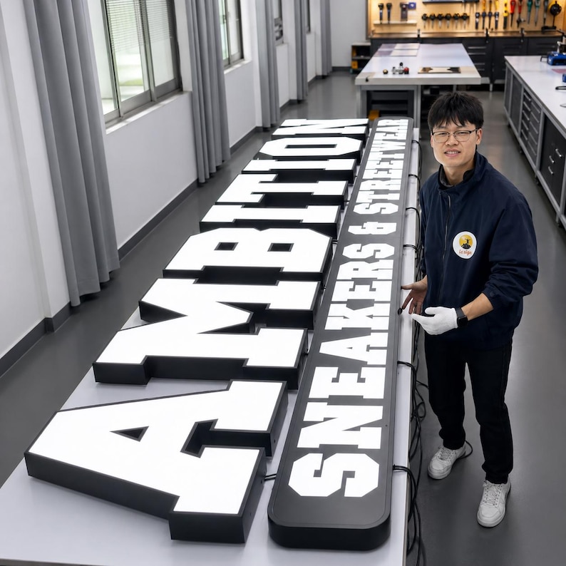 May include: Large, illuminated sign with the word "AMBITION" in bold, white letters. The sign also includes the text "SNEAKERS & STREETWEAR" in white. A person wearing glasses and a dark blue jacket stands next to the sign.