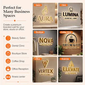 May include: A promotional graphic displaying six examples of illuminated 3D wall signs for businesses, including Aura Beauty Studio, Lumina Dental Care, Nova Boutique, Brew & Co. Coffee House, Vertex Solutions, and Elevate Studio with backlighting.