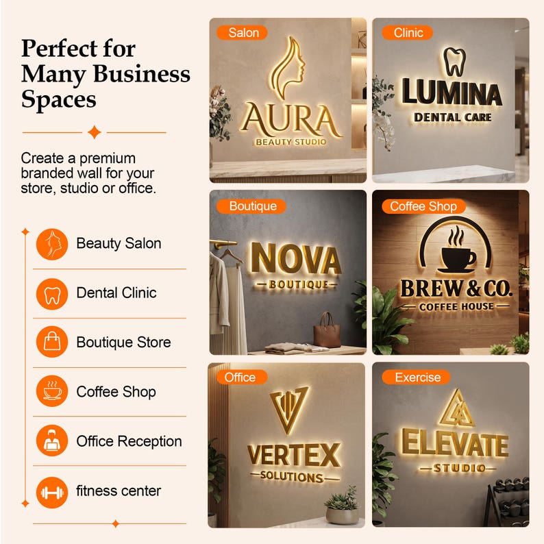 May include: A promotional graphic displaying six examples of illuminated 3D wall signs for businesses, including Aura Beauty Studio, Lumina Dental Care, Nova Boutique, Brew & Co. Coffee House, Vertex Solutions, and Elevate Studio with backlighting.