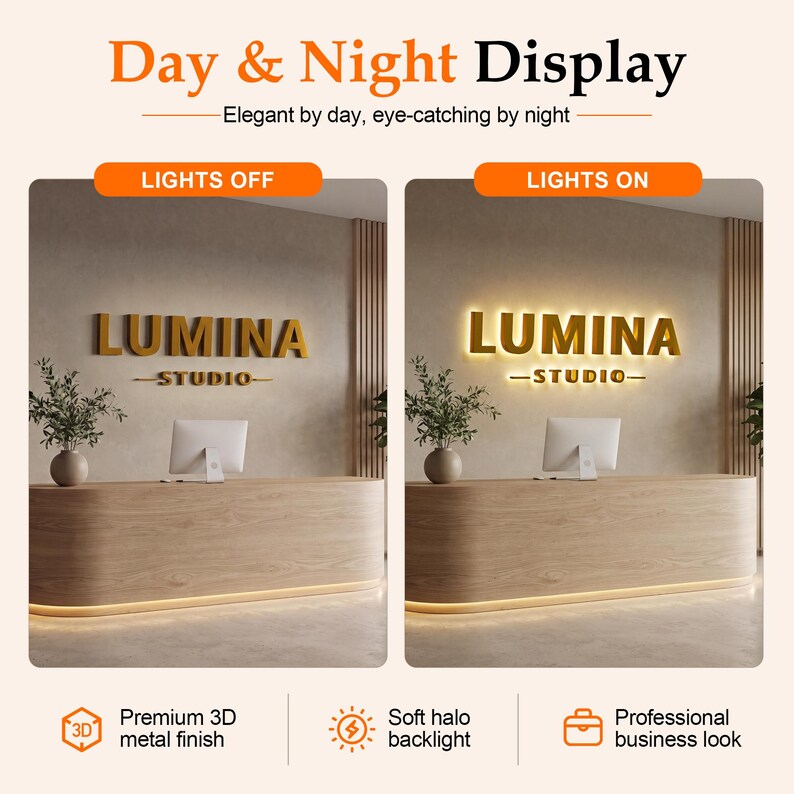 May include: A 3D wall sign with the text LUMINA STUDIO in gold metal letters. The display shows two states: lights off with a solid metallic finish, and lights on with a soft halo backlight effect behind the letters, mounted above a reception desk.